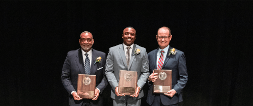 Pictured, from left: Keith Mathis '76, CJ Donald '14 and Herb Stapleton '97 were each honored at Centre Homecoming 2022. Not pictured: Andrea Zawacki Beaton '01