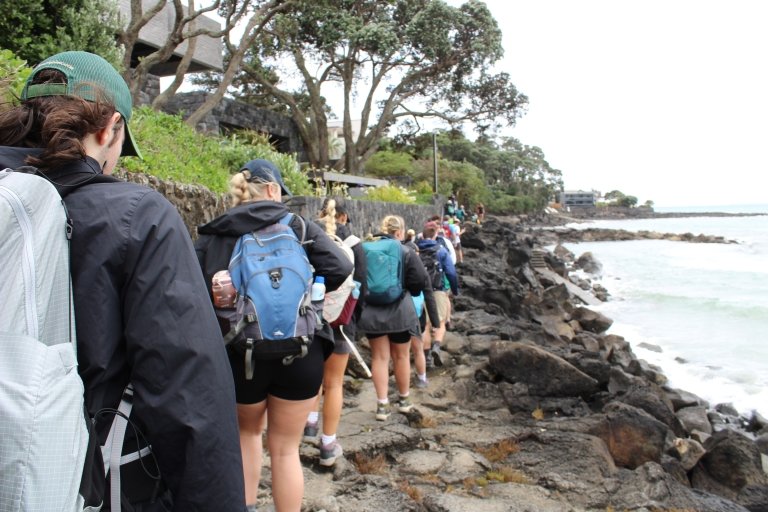 A line of students walk along a black rocky coastline. 