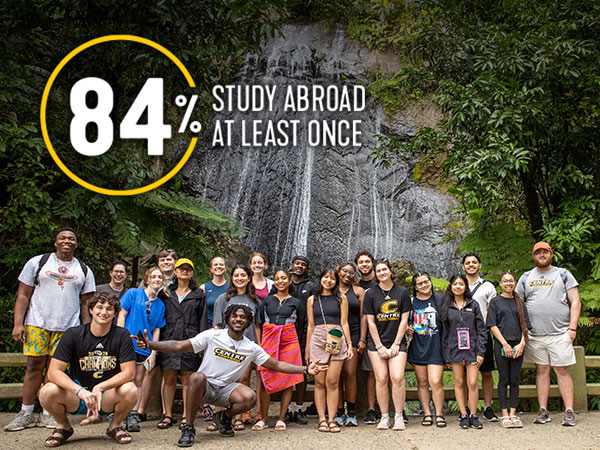 Group of students standing at waterfall in Puerto Rico with text on top 84% study abroad at least once