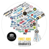 The names of dozens of large businesses and corporations are arranged in the shape of a graduation cap above the text &quot;First Jobs  of Centre Graduates.&quot;