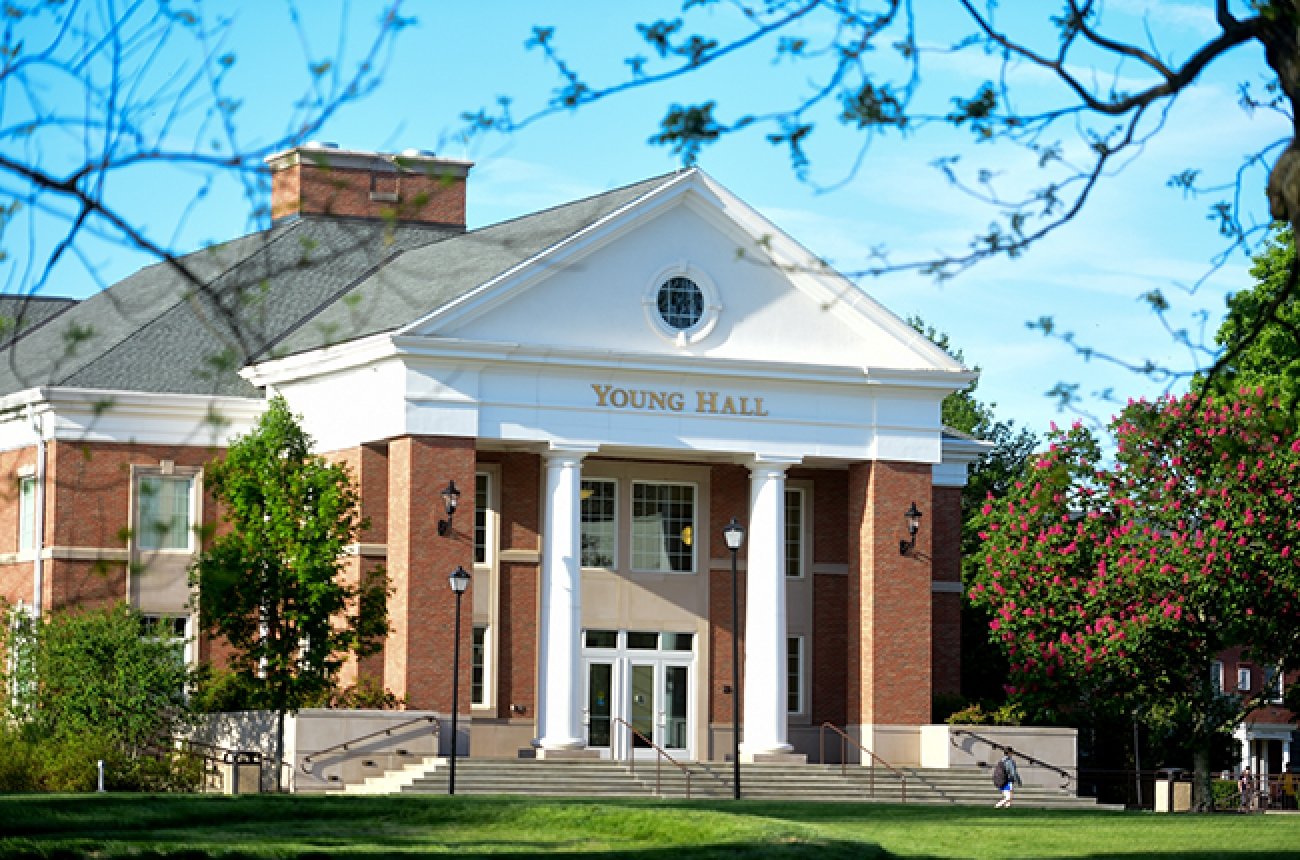 Exterior view of brick building multi level building in spring