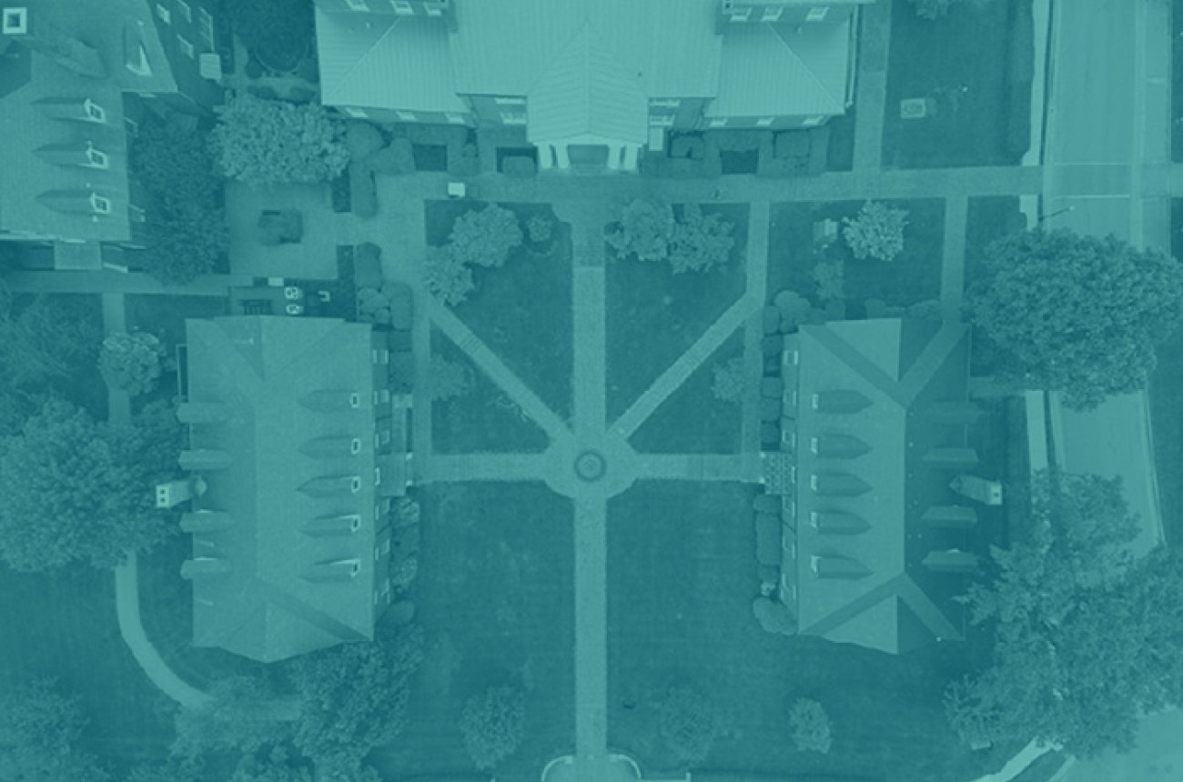 Centre College Benefactor's Plaza behind Old Centre in monochrome