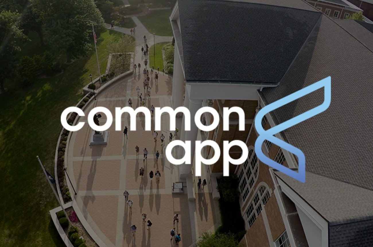 Darkened aerial photo of campus with the Common App logo
