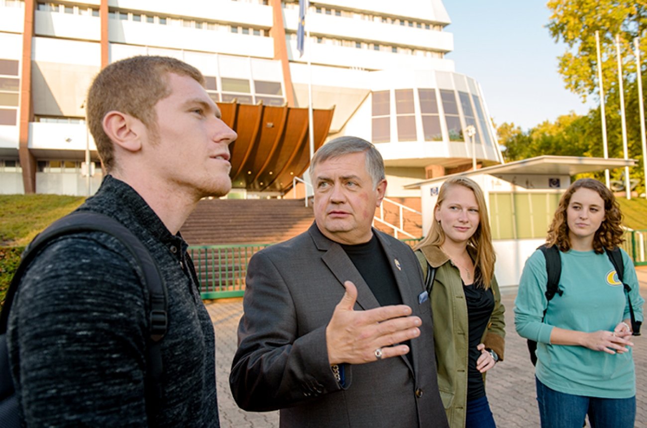 Students learning from a Strasbourg businessman