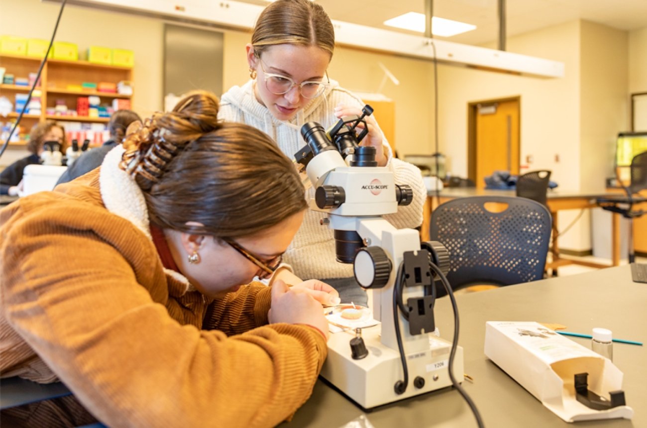 Students looking through microscope in science lab
