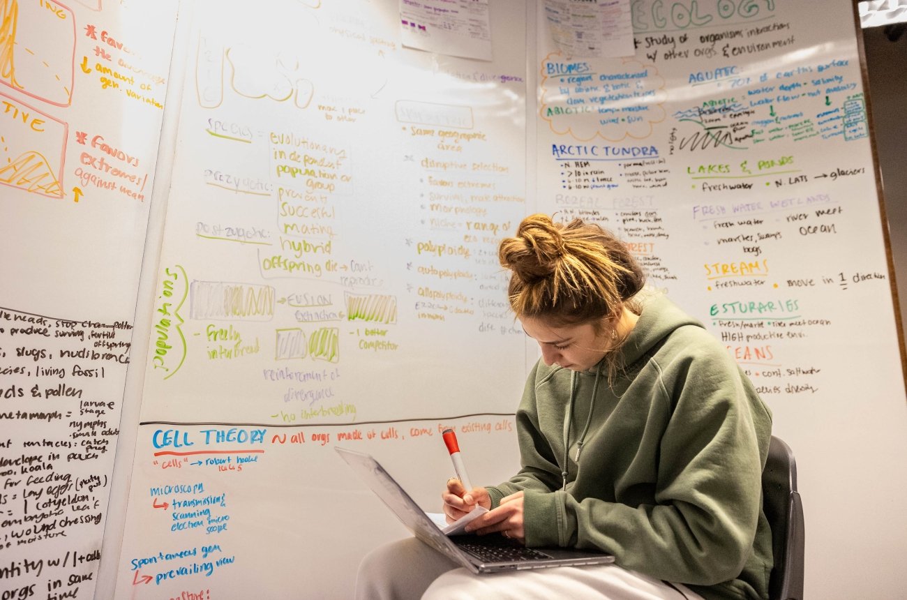 A student studies in front of a white board, covered in text