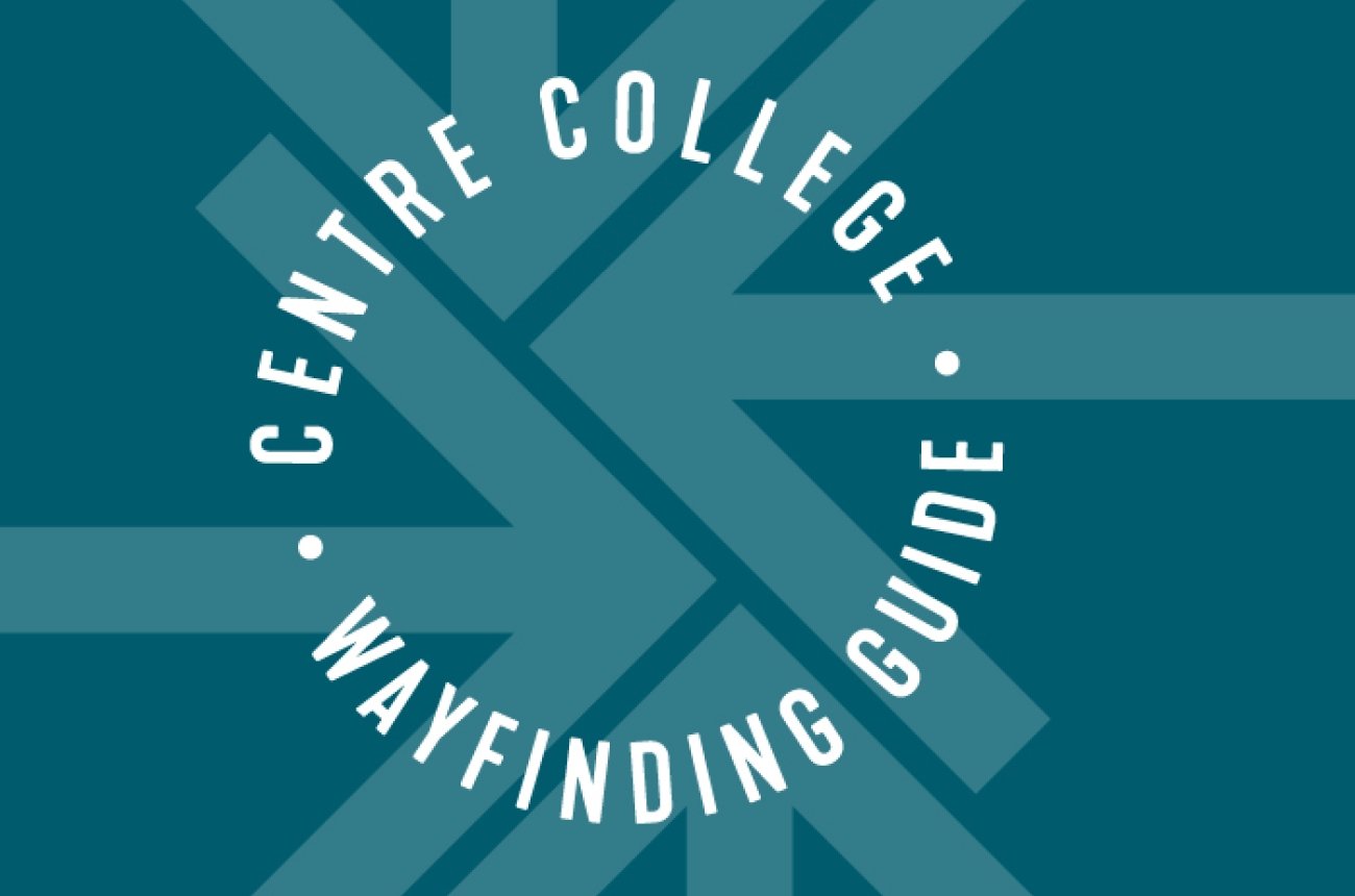 Centre College wayfinding guide text on blue with arrow background