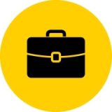 Gold circle with an icon of a briefcase in black