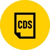 Gold circle with icon of paper with text "CDS" inside the circle