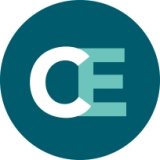 Dark blue green circle with white letter C touching a teal letter E