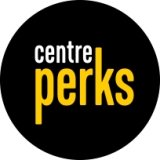 Circle with black background with white text "Centre" and gold text "Perks"