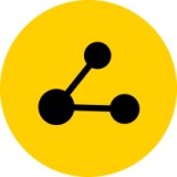 Gold circle with one dot with two lines and smaller dots angled away from original dot