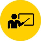 Gold circle with icon of teacher at board in front of classroom