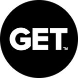 Circle black background and white lettering with text of GET.