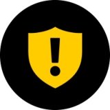 black circle with gold shield with exclamation point inside it