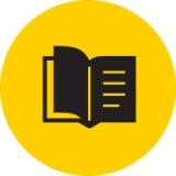 Gold circle with icon of book flipping pages