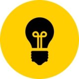 Gold circle with an icon for a lightbulb in black