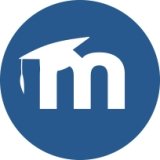 Blue circle with a white letter M with a white graduation hat on the letter m
