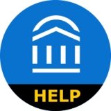 Blue and white logo with gold text Help on black background at bottom of circle