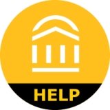Gold circle with logo for student navigate with text "Help" at the bottom