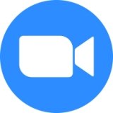 Zoom logo of blue background with a white icon movie camera