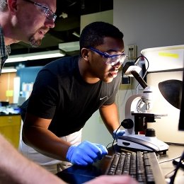 student in lab reviewing results