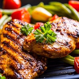 Close up of grilled chicken and vegetables