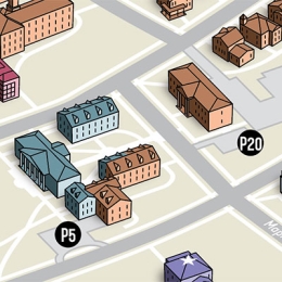 Section of an illustrated map of campus focusing on parking and Admission office locations