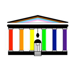 A graphic of Old Centre with the the pillar and pediment represented by Pride flag colors