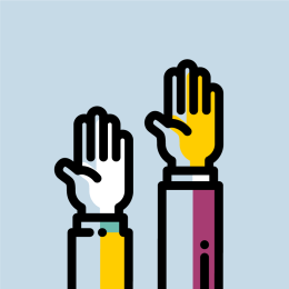 Playful raised hands illustration on a light blue background