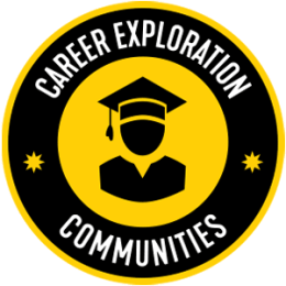Career Exploration Communities yellow and black graphic circle with graduate silhouette in the center