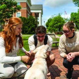 Three students petting one dog