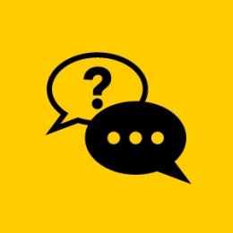 Icon of gold back ground with black outline of questions icon