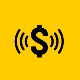 Gold square with Dollar sign icon in black with sound icon on both sides