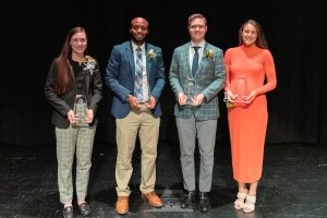 Emily Bachert ’12, Chrys Jones ’11, Chris Morris ’11 and Maggie Prewitt de Saint Etienne ’12 were recognized during Centre’s 2022 homecoming festivities, Oct. 15.
