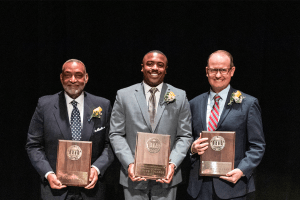Pictured, from left: Keith Mathis '76, CJ Donald '14 and Herb Stapleton '97 were each honored at Centre Homecoming 2022. Not pictured: Andrea Zawacki Beaton '01