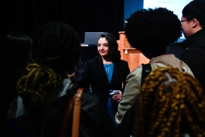 Visiting Humana Lecturer Pamela Harris speaks with students after her convocation in February, 2023.