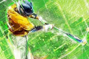 A graphic illustration shows a baseball player hitting a pitch.