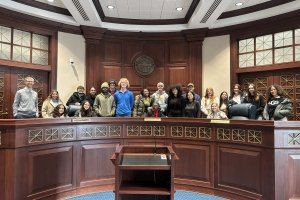 Lively Professor Pierre Bergeron '96 (far left) brought students to a courtroom in Ohio during CentreTerm 2024.