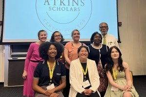 Atkins Scholars in 2024 pose for a photo with J.H. Atkins, who leant his name to the scholarship. The scholarship is funded through the Brown Foundation.