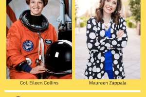 A graphic contains photos of two women, one in an orange NASA space suit, and another posing on a sidewalk. Text identifies them as Eileen Collins and Maureen Zappala. Additional text indicates they are scheduled to appear at the Women's Leadership Conference at Centre College March 7-8, 2025.