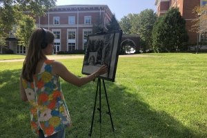 Anne Exterkamp, a German major with a minor in biology, draws on the Centre College campus.