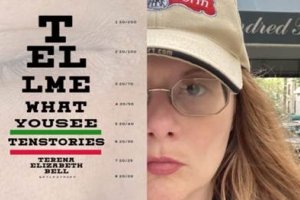 A composite image shows the cover of the book "Tell Me What You See" on the left and the face of a woman wearing glasses and a baseball cap on the right.