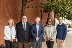 The Centre College Board of Trustees welcomed four new members at its 2025 spring meeting. Pictured from left: Angie Dillow '92, Barcley Houston '96, President Milton C. Moreland, Omolola Fakunle '17 and David Longenecker '96.