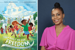 A collage of the book cover for "They Built Me for Freedom" and a headshot of Tonya Duncan Ellis.