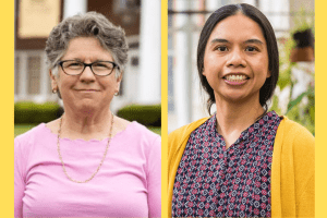 A graphic combines the photos of two women, one with gray-and brown hair and a pink shirt, the other with black hair and a gold seather.