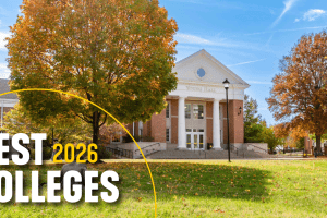 A view of Young Hall in fall with the text "Best Colleges 2026" on top.