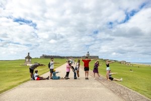 A group of Centre students are in Puerto Rico and are spelling out CENTRE with their bodies.