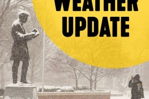 An image of a snowy campus includes the phrase &quot;Weather Update.&quot;