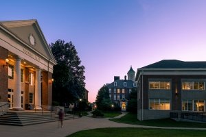 Young Hall and Olin Hall are seen as the sun sets on the Centre College campus.